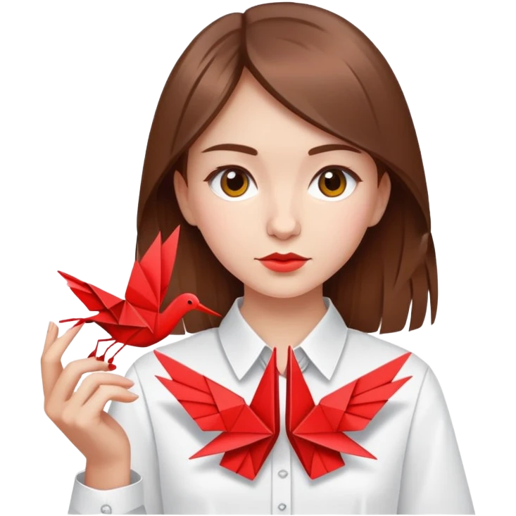 Ukrainian young girl with brown hair wearing a white embroidered shirt holds an origami red crane emoji