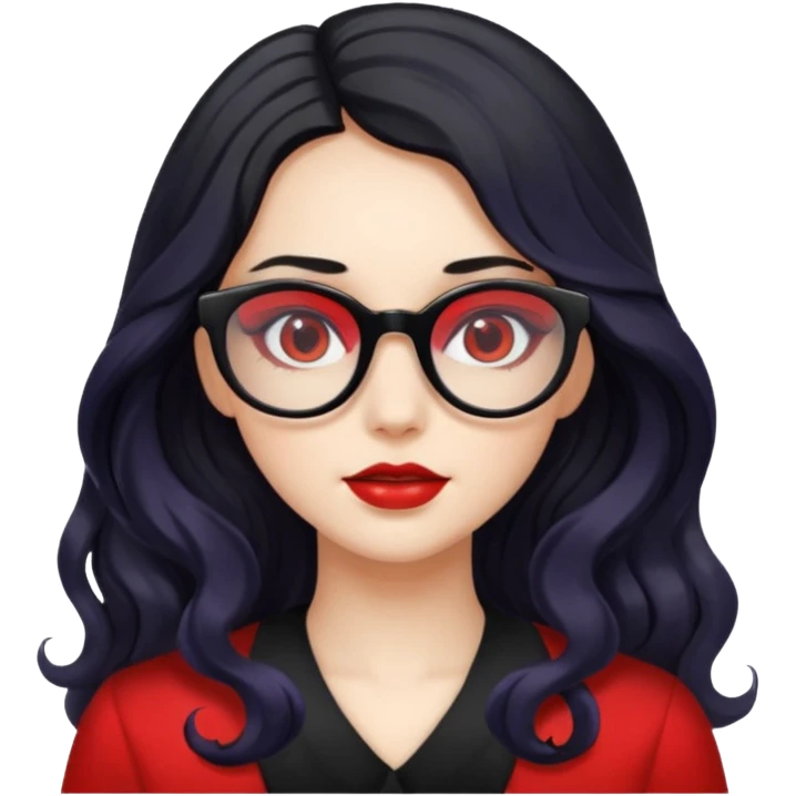 ילדה עם שער שחור וגלי אבל לא יותר מידי מתולתל ארוך אישונים שחורים, משקפיים בצבע אדום emoji