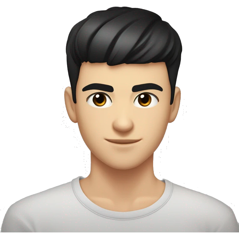 thick eyebrows, an average nose, and black eyes, My hair is styled forward, with shaved sides and bangs that cover my forehead. teenager average guy male 15 years old black hair black eyebrow emoji