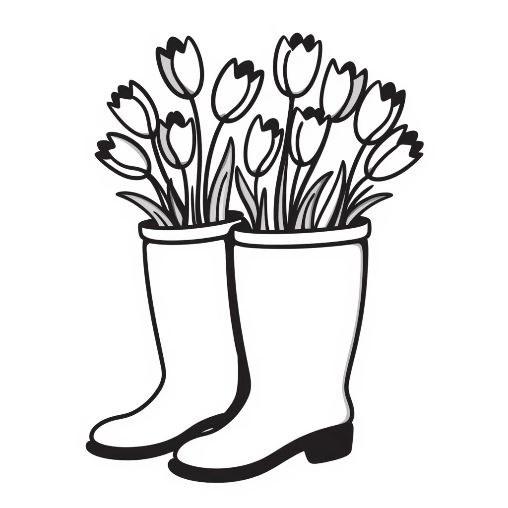 Rubber rain boots/wellington boots with tulip flowers sticking out from the top, in pastel colors (dd9fb0, ffc6d3, a3bfc9, c4bee2, f1b091), hand-drawn doodle style emoji