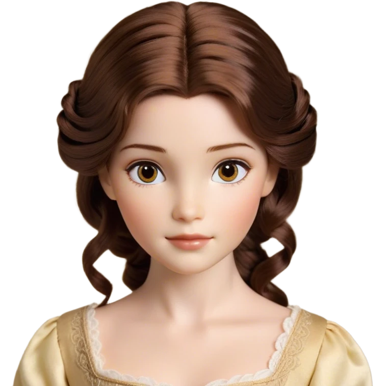 Cinematic Realistic Belle Portrait, depicted with lifelike skin texture, soft natural lighting, and intricately detailed brown hair styled elegantly. Her deep, expressive eyes exude warmth and intelligence, complemented by a serene and graceful expression. She is dressed in her classic attire, with rich fabric textures and delicate folds that catch the light beautifully. The portrait features a soft, enchanting glow with a natural, radiant finish, capturing the essence of timeless beauty in a realistic and painterly style, evoking a sense of depth and authenticity. emoji