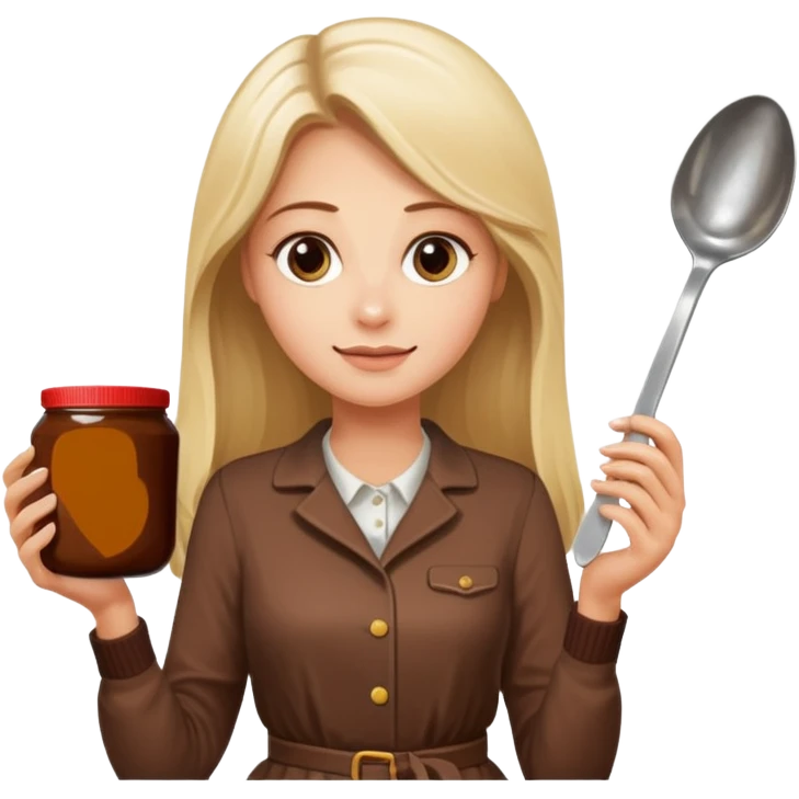 Nutella with a spoon. The glas of Nutella is almost empty . Next to the Nutella is the head of a blond woman who is looking forward to eat the Nutella. The hair of the woman needs to be longer. She is holding a big carriage of Nutella in her right hand and a oversized spoon in the other  emoji