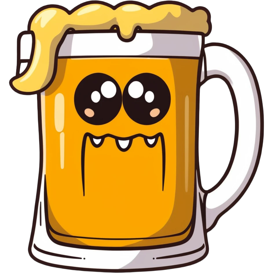 A wobbly beer tankard with monster eyes and sharp teeth like a mimic monster, overflowing with frothy beer emoji