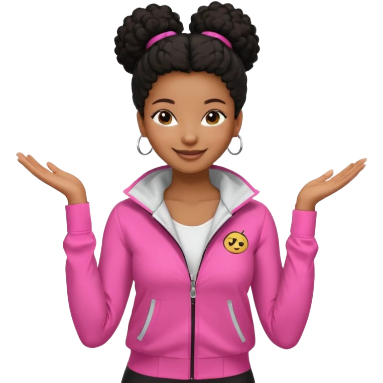 Menina negra estilo clean girl, cabelo crespo em coque, pele bronzeada, expressão sorridente e confiante, roupas claras e modernas — jaqueta esportiva rosa com zíper, blusa branca por baixo, calça legging preta.  emoji