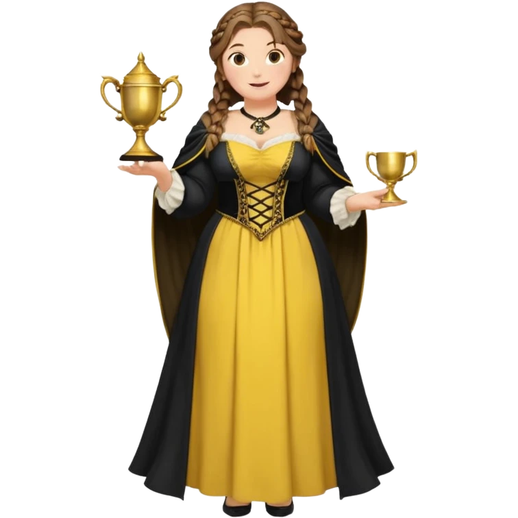 Helga Hufflepuff,brown-haired,2 braids,yellow-black medieval open dress,deep neckline,fat macromastia,black cloak decorated with gold braiding,gold cup with two handles,very kind smile,curvy busty sweet woman,round rosy cheeks,full length with medieval shoes emoji