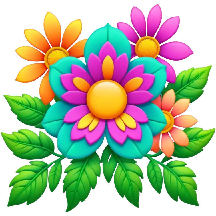 3D, psychedelic colored hippie style flower border with leaves emoji