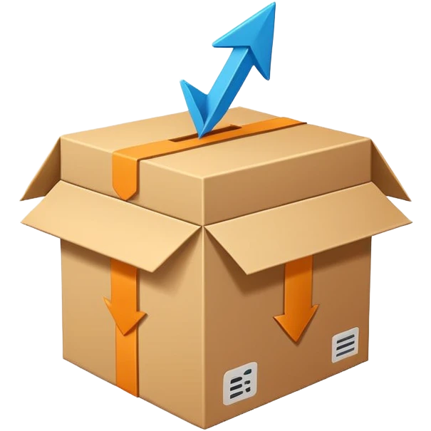 Minimal line-art icon of a shipping box with an arrow going up or a price tag, simple modern style, clean outlines, slightly 3D, no background, transparent, represents “reselling / e-commerce / flipping items” emoji