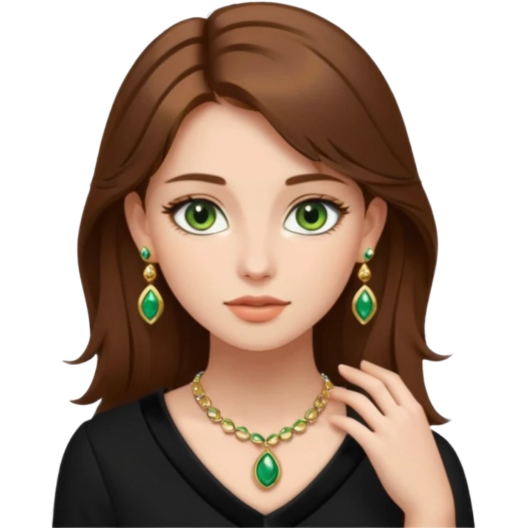 Μια κοπέλα καστανή με μαύρα ωραία ρουχα και σκουλαρίκια και κοσμήματα και βαμμένη ελαφρό και πράσινα μάτια τα κοσμήματα λίγα και χρυσα τα κοσμήματα να είναι λίγα και λεπτα emoji