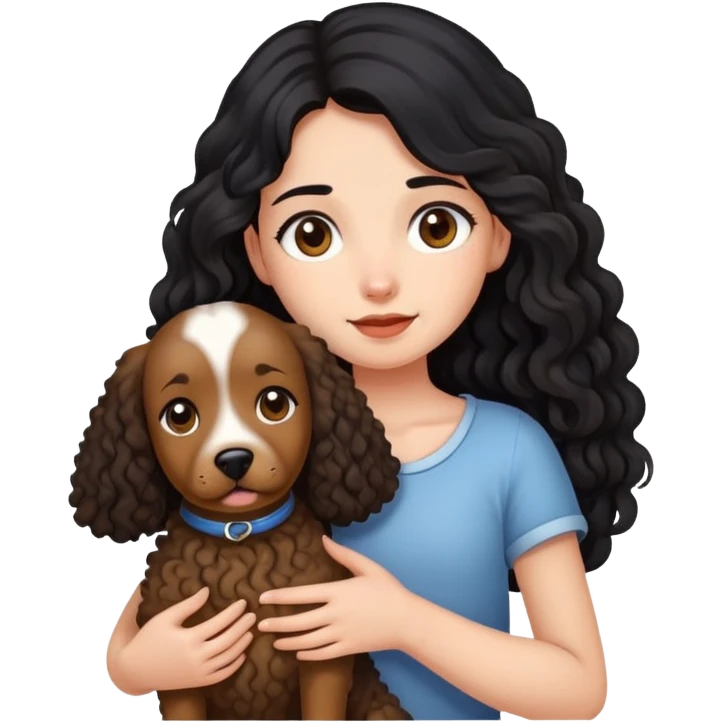 A girl with long black hair holding a curly brown giant dog emoji