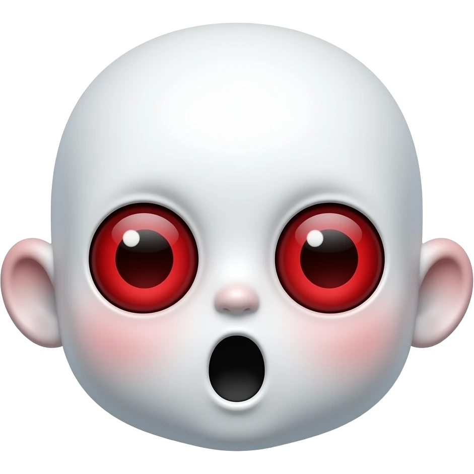 사악한 흰  피부. 붉은동공. 살색 큰 귀. 큰 눈. 붉은 눈. 붉은 홍조. O표정. emoji
