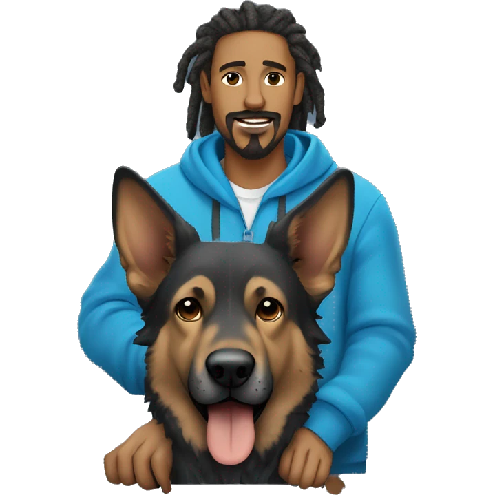 man with dreadlocks, mustache and goatee dressed in a blue hoodie alongside a brindle colored german shepherd dog emoji