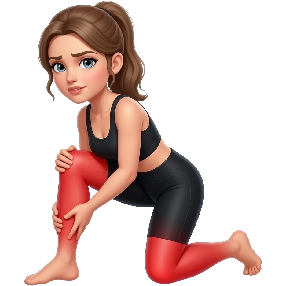 leg pain, full red glow covering both legs from hips to feet, woman holding one leg, fair-skinned woman, gray-blue eyes, ash brown brows, ash light brown hair tied back, slim athletic body, black workout set emoji
