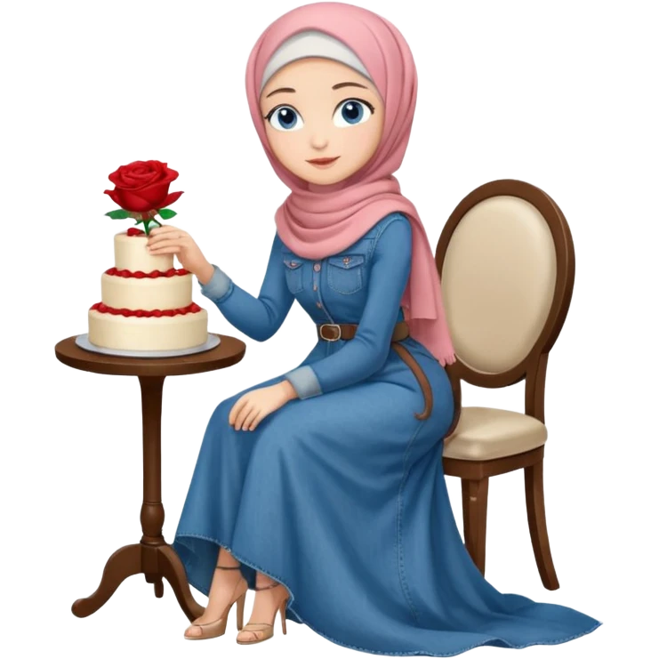 Turkish beautiful finish Konya girl blue eyes with denim hijab long tail dress and sits on the white chair and holds rose cake with her hand  emoji