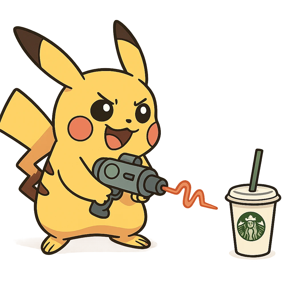 fun and whimsical Pikachu with a shrinking ray pointed at a Starbucks cup emoji