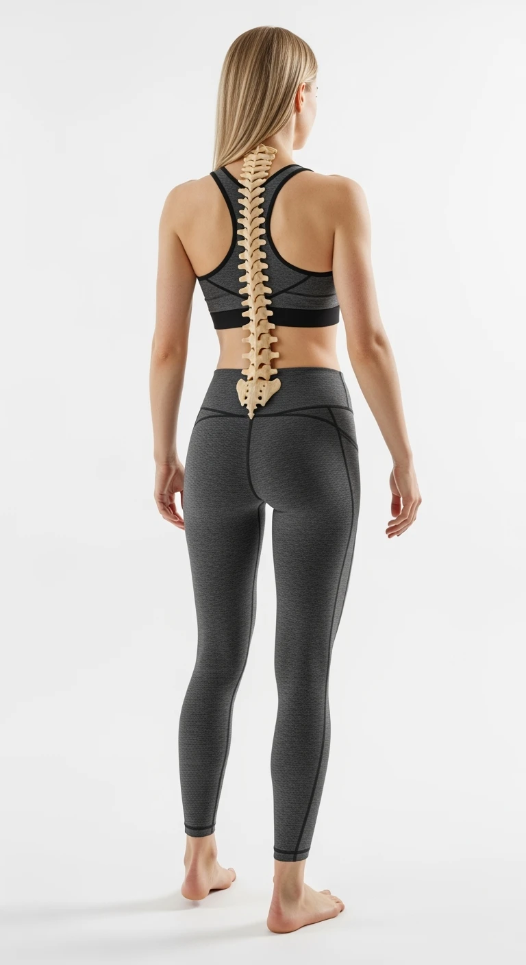 donna fitness di spalle con spina dorsale anatomica realistica in evidenza, sfondo bianco emoji
