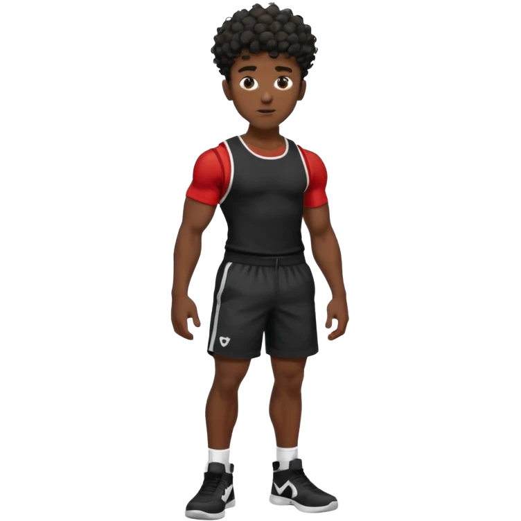 Ripped, athletic man with thick neck, high top fade with no part, curly hair only top only, no shirt and show waistline up, black shorts and more man face emoji