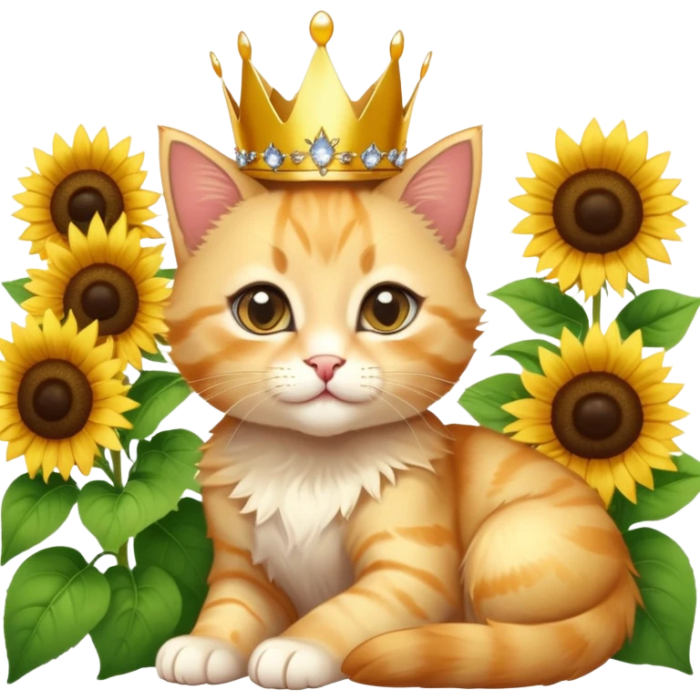 A golden-furred kitten with a mini crown, bold eyeliner, lounging in the sun surrounded by sunflowers and sparkles. emoji