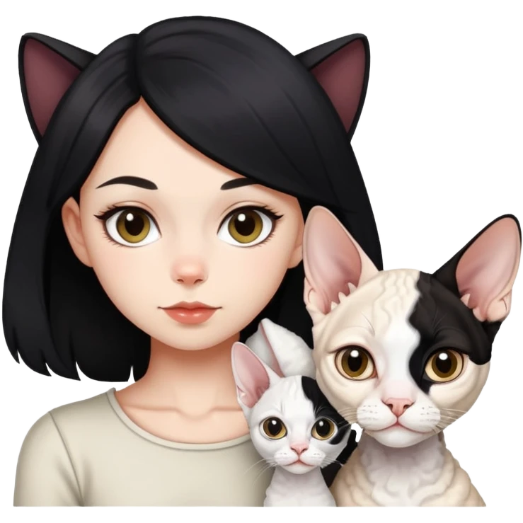a  girl with black (long) hair with a white devon rex  emoji
