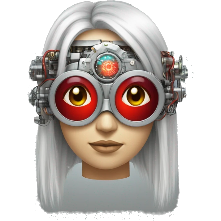 Silver long hair female cyborg head with red steampunk goggles and circuits emoji