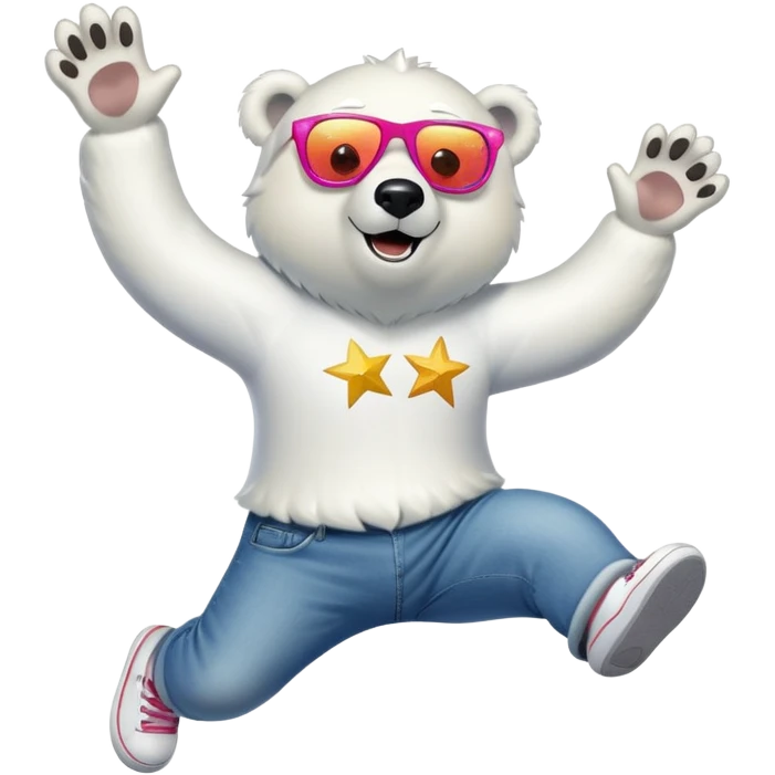 friendly anthropomorphised polar bear leaping with excitement, wearing a shirt, jeans, trainers, oversized colorful star glasses emoji