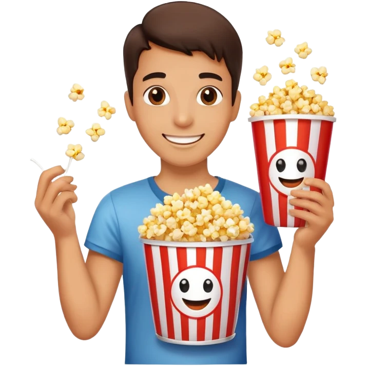 Person watching a movie with a happy face, holding popcorn bucket, cinema lights reflected on face emoji