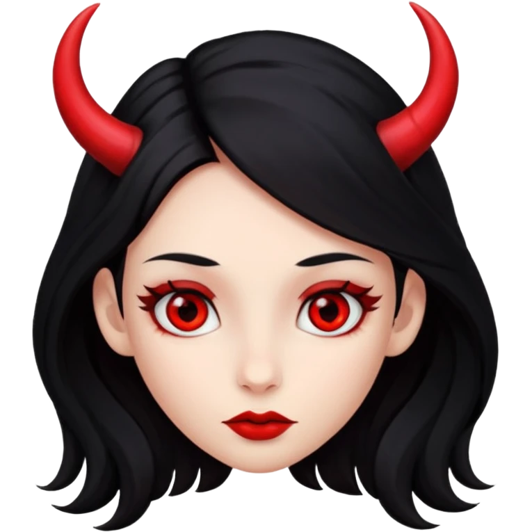 A girl's face with cheekbones, red skin, long black hair, small red horns, and red eyes. emoji