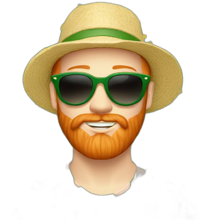 Ginger beard wearing a floral top and wearing green sunglasses and a bucket hat emoji
