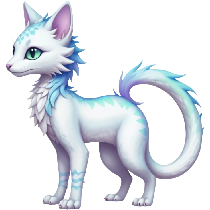 Kawaii white pastel iridescent beautiful pretty elegant divine edgy fantasy feline-vernid-sergal-fursona animal creature with a tufted tail full body with intricate markings  emoji
