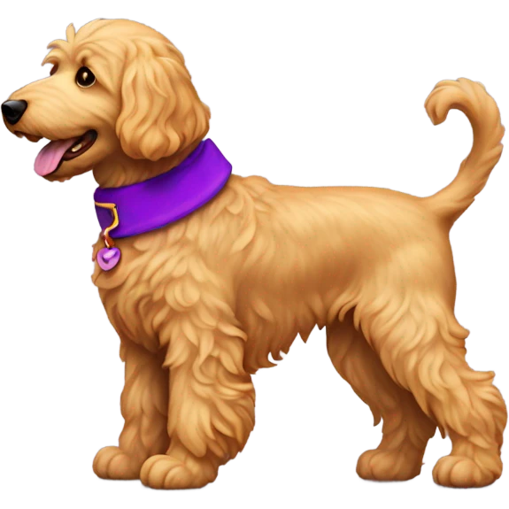 Golden doodle with purple collar raising her back leg emoji