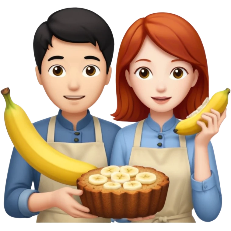 black haired asian guy bakes banana bread with redhead girlfriend emoji