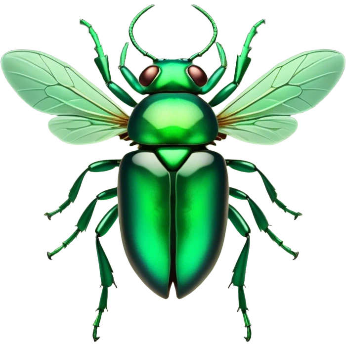 Cinematic Noble Green Bugdie Portrait Emoji, Poised and regal, with a tiny, delicate build and a vibrant, well-detailed emerald exoskeleton, deep-set soulful multifaceted eyes, Simplified yet sharp and sophisticated features, highly detailed, glowing with a soft, dignified glow, high shine, intelligent and alert, stylized with an air of miniature majesty, focused and attentive, soft glowing outline, capturing the essence of a watchful and confident insect, so majestic it feels as though it could scuttle out of the screen with effortless authority! emoji