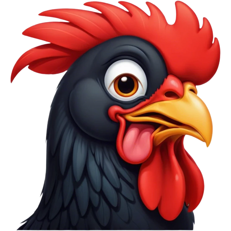 Cinematic Cute Yawning Black Rooster Portrait Emoji, Head tilted slightly with a dramatic, wide-open yawn, showcasing a soft, downy black plumage with a crisp red comb and drooping wings, round eyes barely open in drowsy contentment, Simplified yet irresistibly adorable features, highly detailed, glowing with a soft, cozy glow, high shine, relaxed yet expressive, stylized with a touch of whimsy, bright and endearing, soft glowing outline, capturing the essence of a sleepy yet affectionate rooster, so drowsy it feels like it could stretch out of the screen and curl up for a nap! emoji