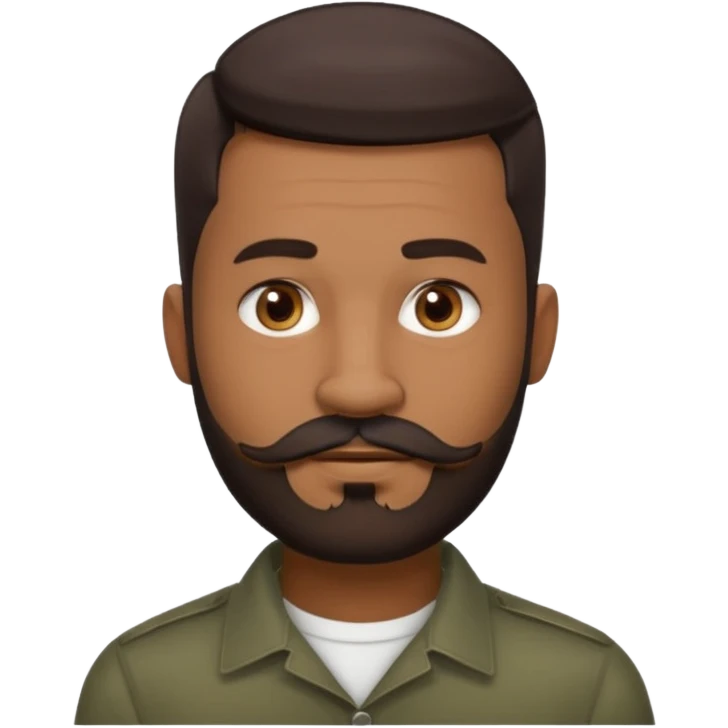 man with an oval face, medium-dark skin tone, short dark hair with a fade cut on the sides and volume on top, dark brown eyes, medium straight nose, full lips, full well-trimmed beard with connected mustache, small earring in left ear emoji