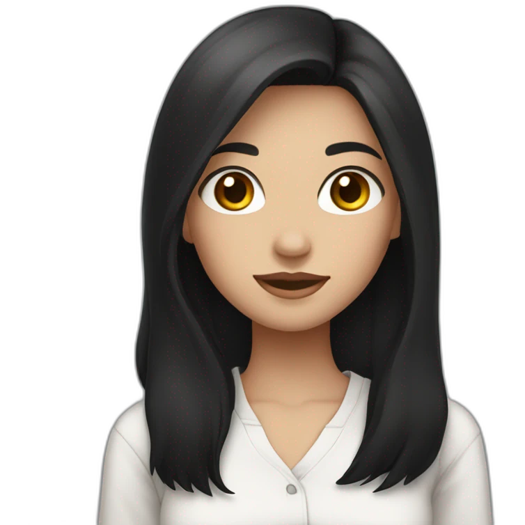 A girl with long black hair, brunette, wearing a white shirt, and brown eyes emoji