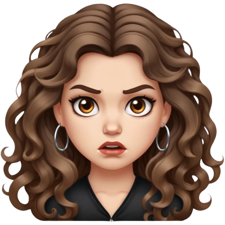 cute girl with not volominous VERY LONG curly/wavy brunette hair with balayage, brown eyes, full lips, cute makeup and hoop earrings white girl: ANGRY FACE emoji