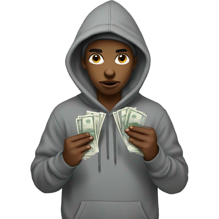 young hustler in hoodie with angry eyes holding lots of English pound notes in both hands  emoji