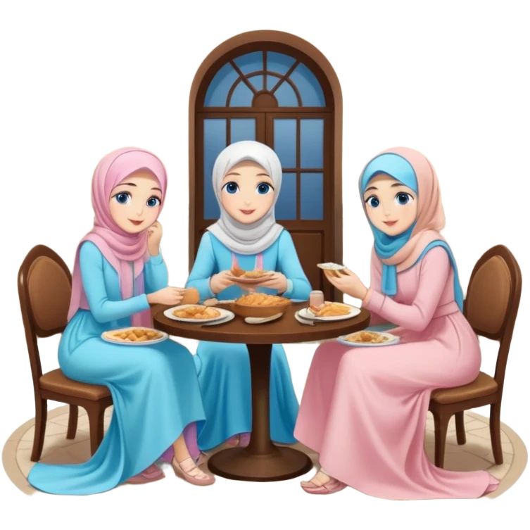 Turkish beautiful finish Konya girls blue eyes with pastel hijab long tail dress and the two friends sits on the chair on the ground and eating the food in the restaurant  emoji