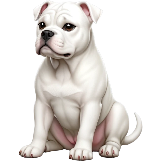 cinematic-[solid white american bulldog]-realistic-full-body-sitting-emoji,-tail-resting-loosely-beside-its-paws,-head-tilted-dramatically,-sleek-[solid white]-fur,-simplified-yet-realistic-focused-features,-highly-detailed,-glowing-with-an-almost-sarcastic-glow emoji