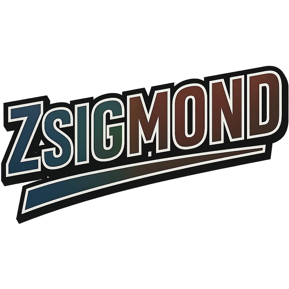 The name 'Zsigmond' in a masculine, modern, gradient font with precise Hungarian characters, dark contour, extra wide and prominent white letter border as in sample images, dynamic slanted underline, masculine color shades including blue, gray, burgundy, green, and brown, 1000x1000 px, PNG, transparent background. emoji