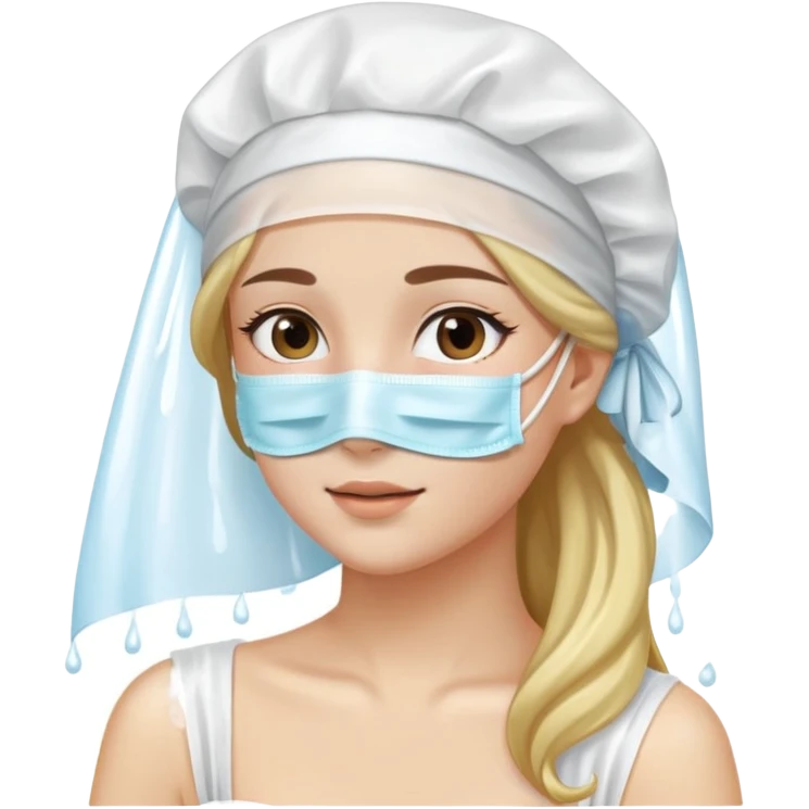 A beautiful girl with long hair wears a face mask and a white shower cap emoji