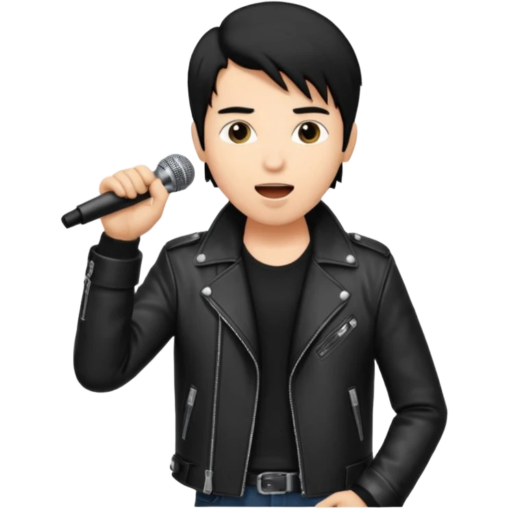 A cool male singer in leather jacket, singing into a standing microphone. emoji