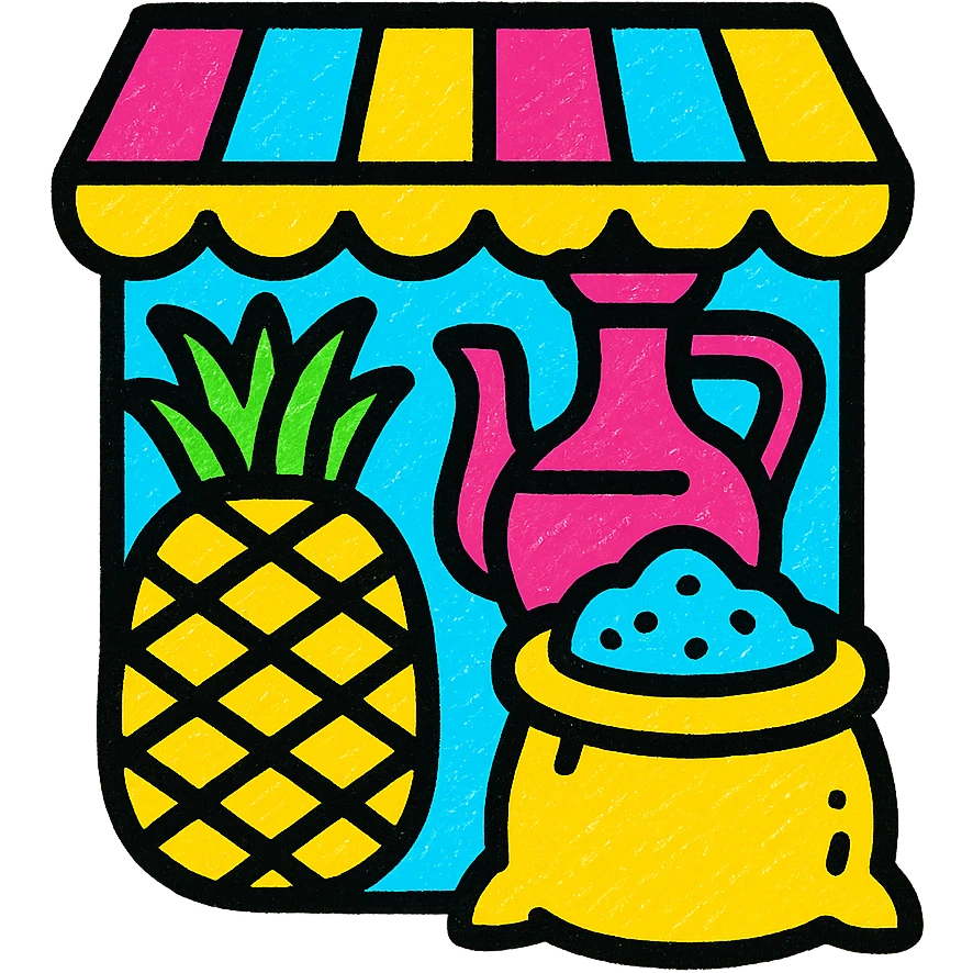 A vibrant icon of a marketplace with various international goods emoji