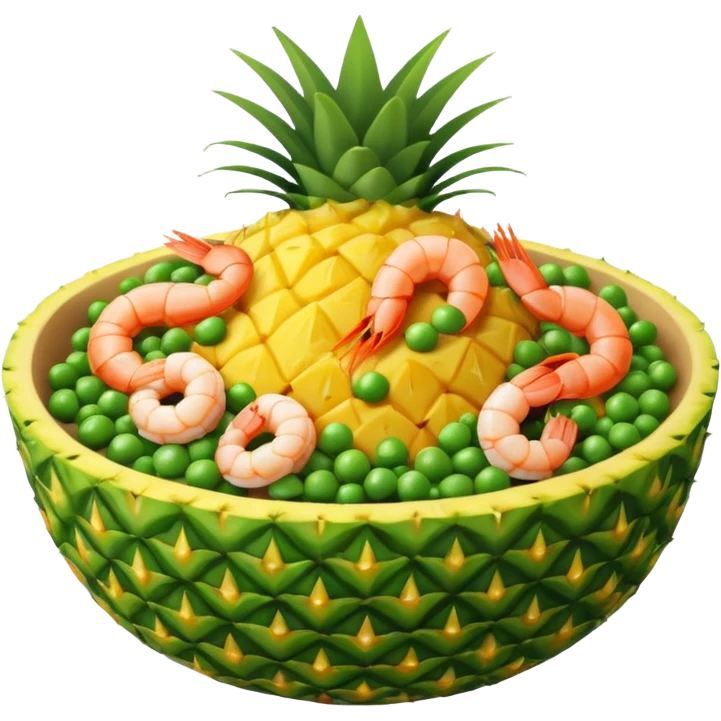 pineapple fried rice emoji, pineapple bowl with golden rice, peas, carrots, and shrimp, cinematic lighting emoji