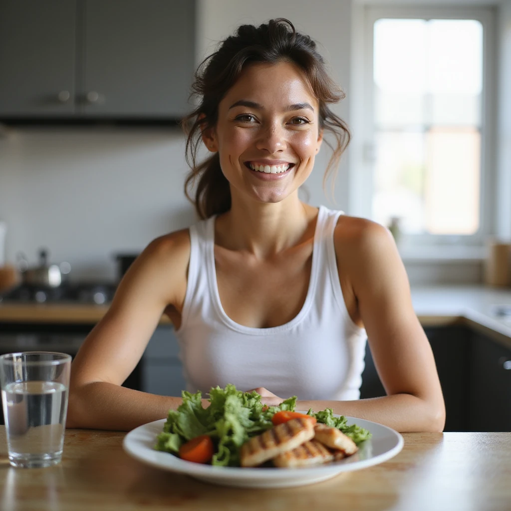Smiling woman with healthy appearance and balanced physique, sitting at a table with a plate rich in vegetables and lean proteins, glass of water, bright atmosphere, hyperrealistic 4K details, modern kitchen. Variant 2. emoji