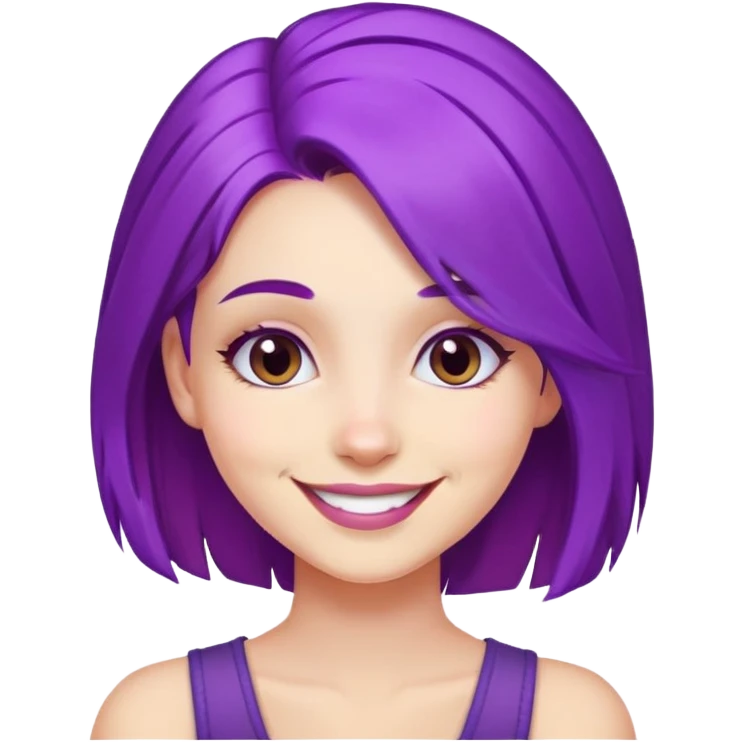 A girl with vibrant purple hair, smiling face emoji