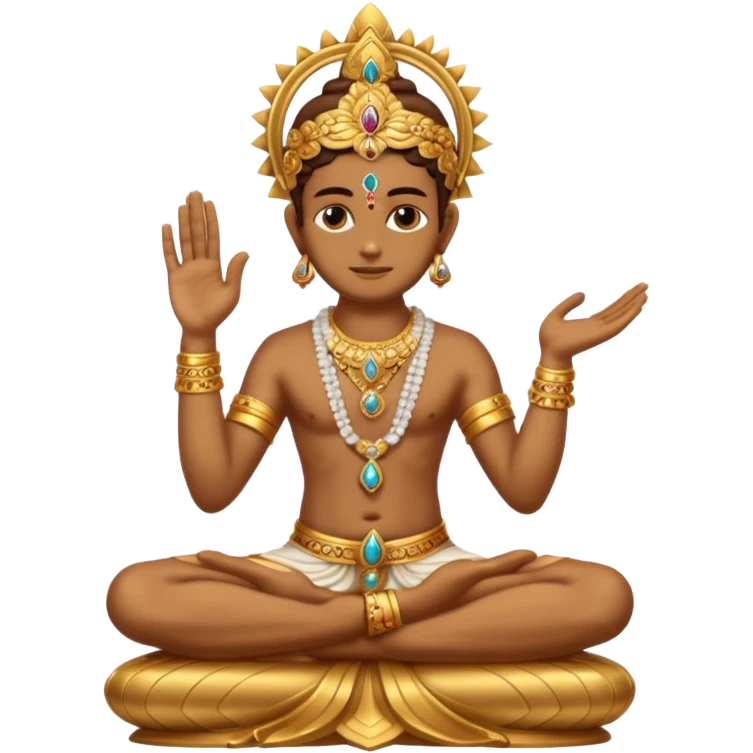 a golden statue of a Hindu deity seated in a cross legged posture with one hand in a blessing gesture, adorned with ornate jewelry�. The figure sits on a decorated pedestal, radiating a sacred and traditional aura�. emoji