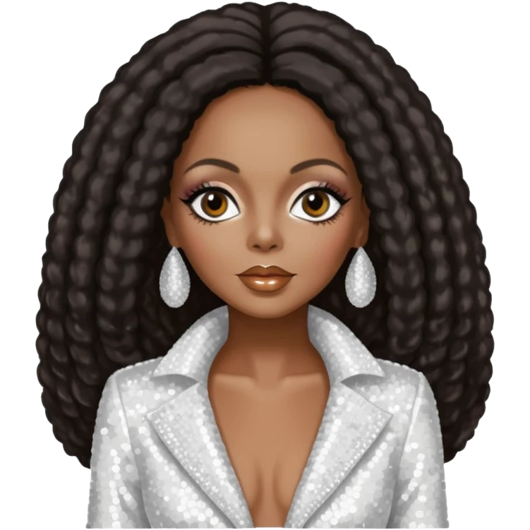 Diana Ross with long dark brown hair, white sequin outfit emoji