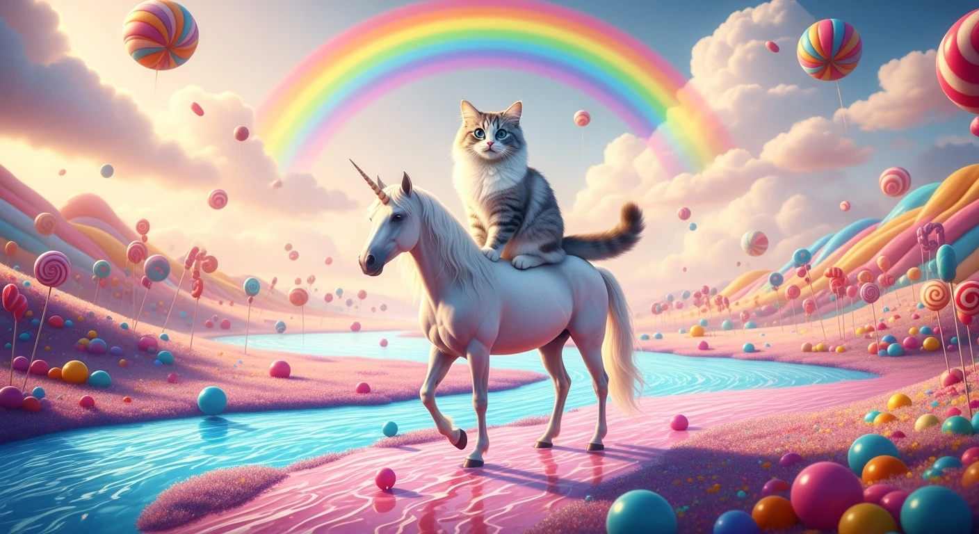 Cinematic still of a cat riding on unicorn around magic pink, and blue candy world, rainbow, dynamic shot emoji