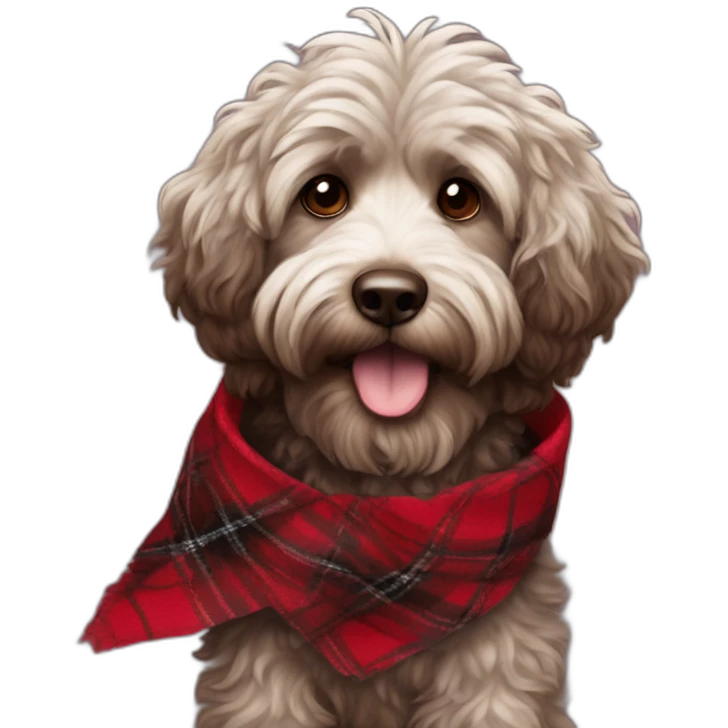 portrait Dark chocolate colored doodle with wavy fur wearing a red and black flannel handkerchief emoji