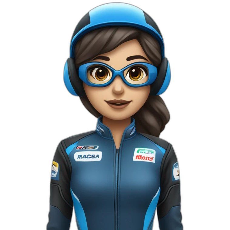 Piloto mulher de kart morena com macacão da cor preto com detalhe azul escuro e capacete branco com detalhe azul escuro emoji